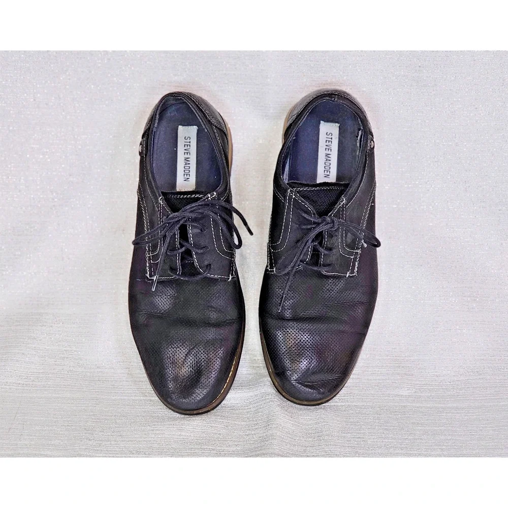 Steve Madden Cherp Derby Dress Shoes Men's 10 Black Leather Perforated Lace Up
